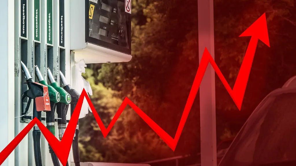 Fuel pump nozzles with a red arrow zig-zagging upward across the image