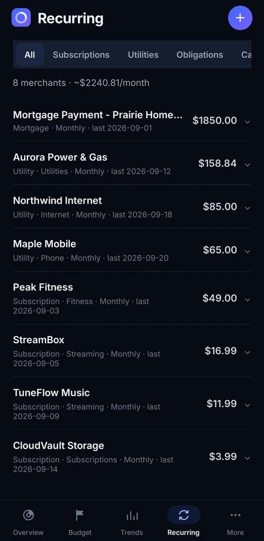 SmartSpend AI's recurring charges list with a mortgage, utilities and subscriptions and their monthly amounts