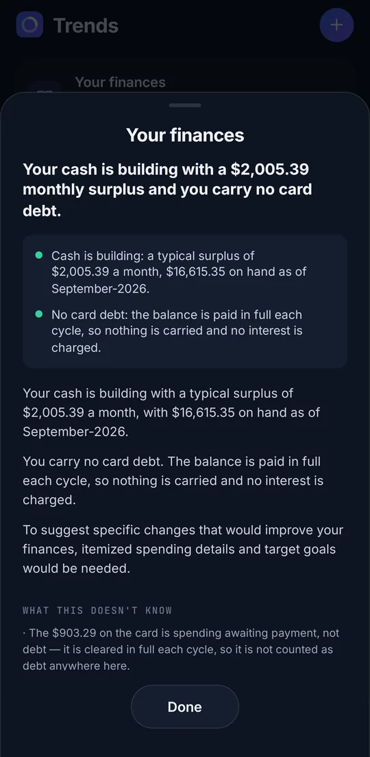 SmartSpend AI's plain-English summary: cash is building with a monthly surplus and no card debt